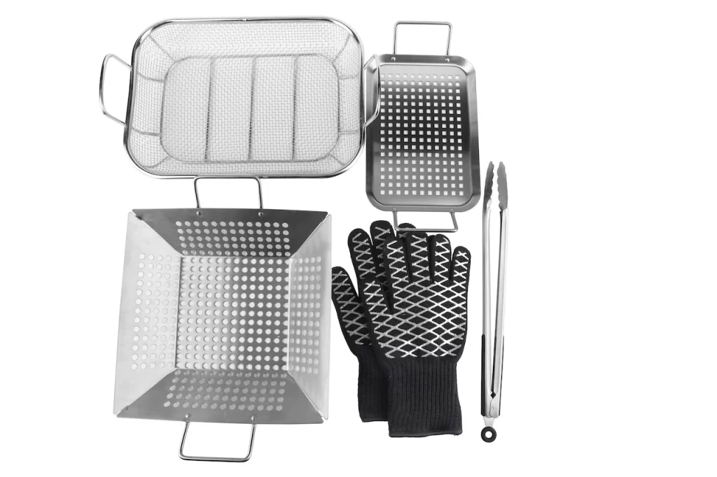 PitMaster King 6pc Grill Topper Stainless Steel Pan and Tray Set for Grilling with Tongs and 932F Heat Resistant Gloves thebookongonefishing