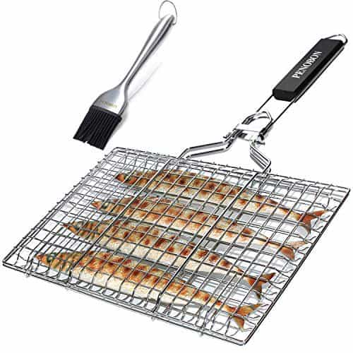 penobon Fish Grilling Basket, Folding Portable Stainless Steel BBQ Grill Basket for Fish Vegetables Shrimp with Removable Handle, Come with Basting Brush and Storage Bag thebookongonefishing